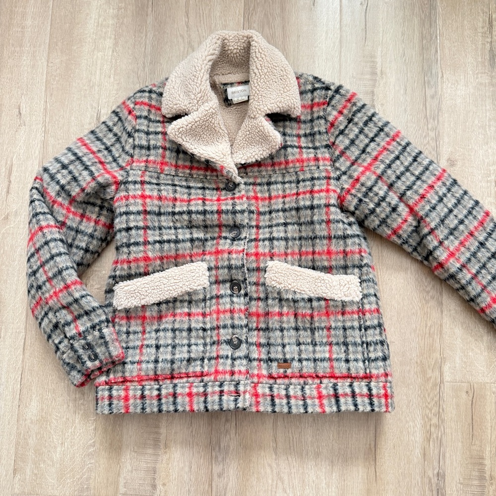 Brixton Women’s Nouvelle Houndstooth Plaid Sherpa Lined Peacoat Jacket Coat Sz S